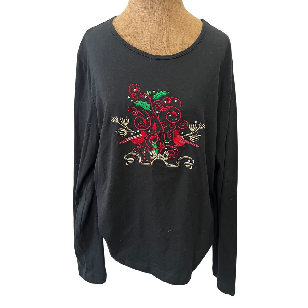 Erika black pullover long sleeve top embroider Christmas winter cardinal birds
